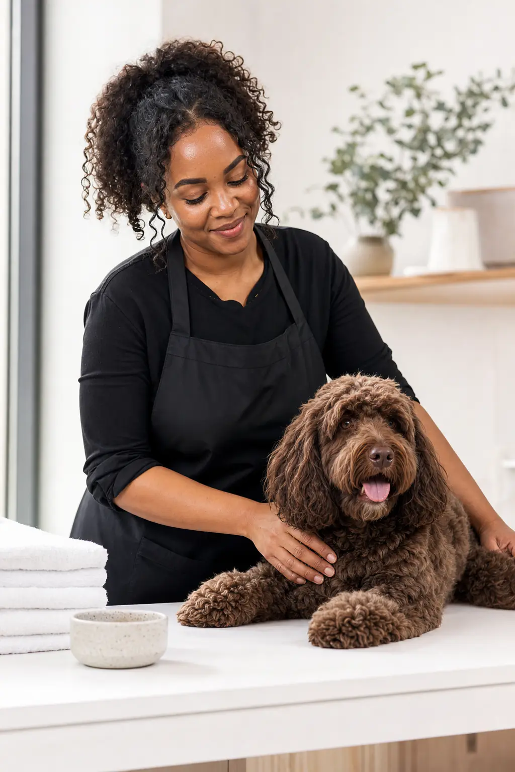 a Black woman in her late 20s with natural curls pulled back grooming a chocolate-brown cockapoo on a white table in a modern salon