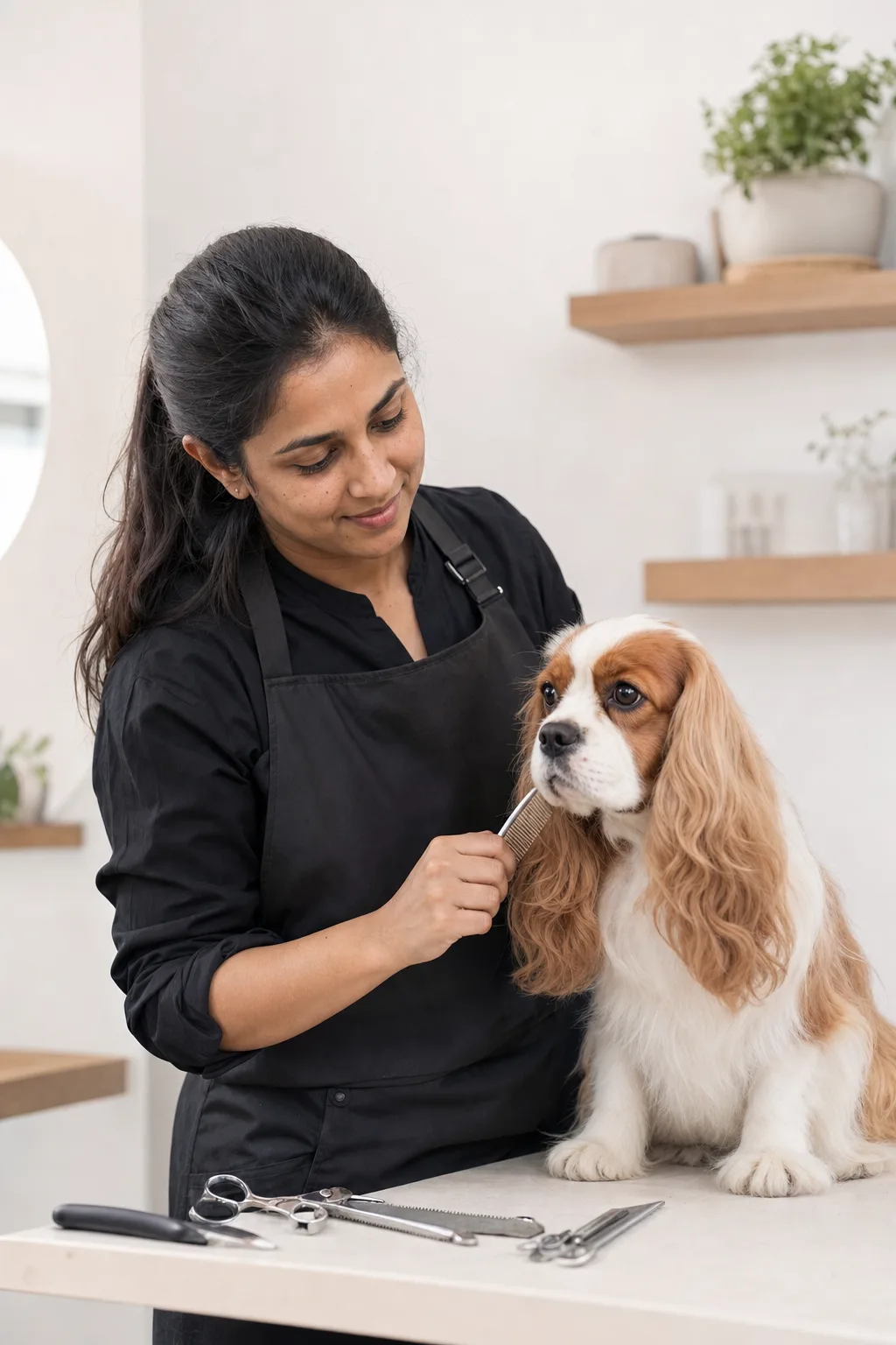 a South Asian woman in her 30s with long dark hair tied back grooming a cavalier king charles spaniel on a white table in a modern salon