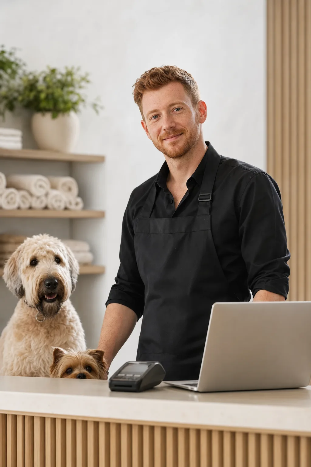 a man in his early 30s with short red hair, light freckles and a trimmed beard with a cream wheaten terrier at a modern pet-salon reception counter