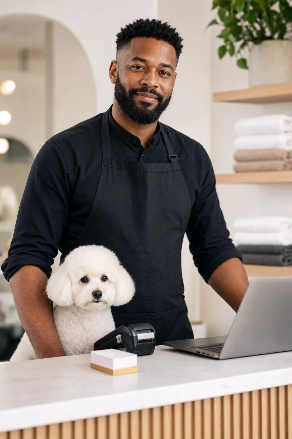a Black man in his 30s with a short fade and a neat beard with a small white bichon frise at a modern pet-salon reception counter