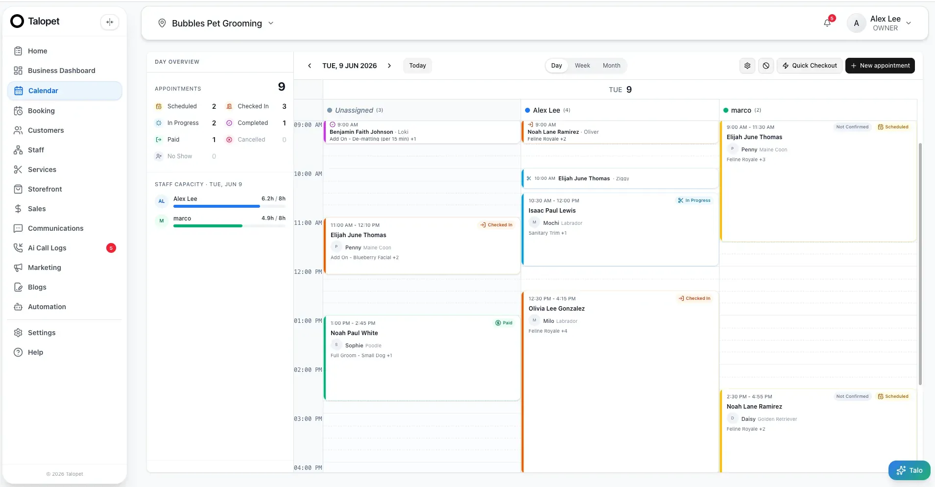 Talopet calendar — day view with staff columns and appointments