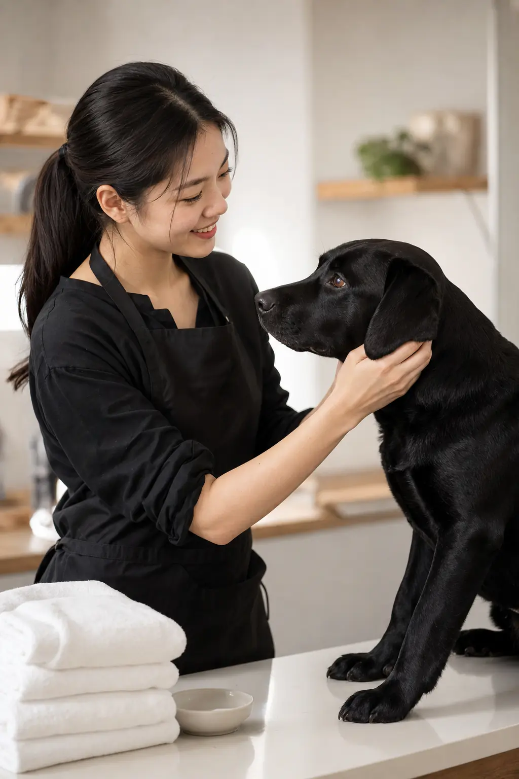 an East Asian woman in her mid-20s with a sleek dark ponytail grooming a glossy black labrador on a white table in a modern salon