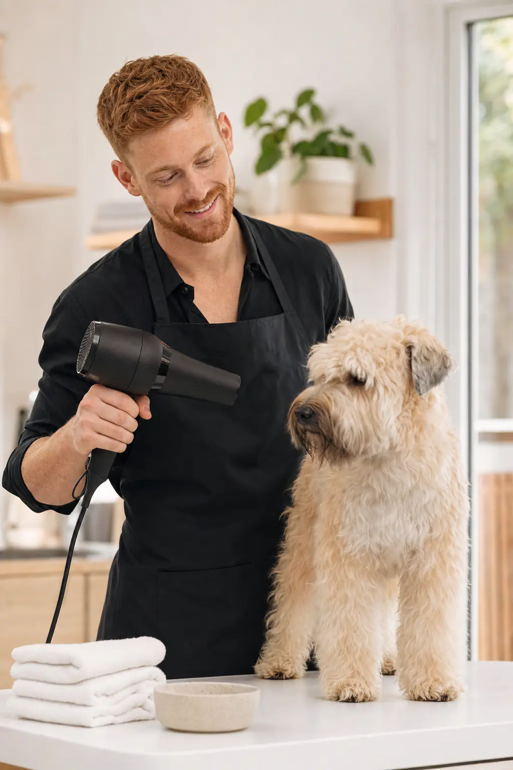 a man in his early 30s with short red hair, light freckles and a trimmed beard grooming a cream wheaten terrier on a white table in a modern salon