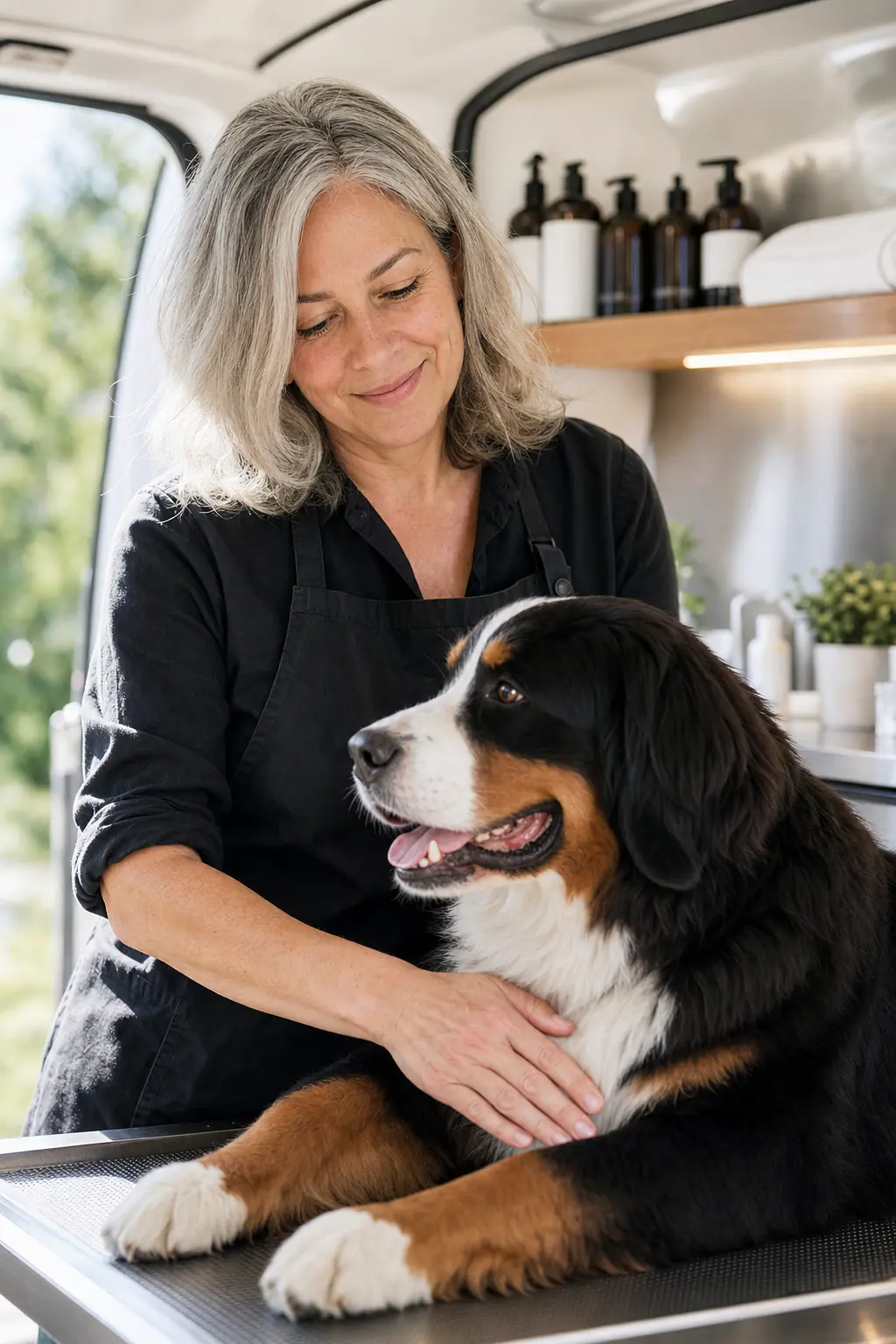 a woman in her early 50s with shoulder-length silver-gray hair grooming a young bernese mountain dog inside a modern mobile grooming van