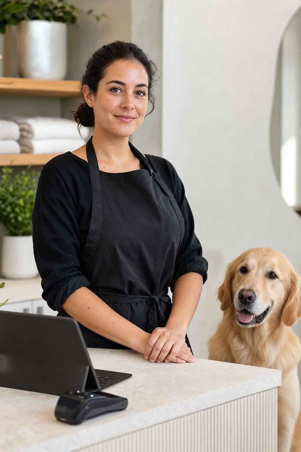 a woman in her early 30s with dark hair in a low bun and light freckles with a golden retriever at a modern pet-salon reception counter