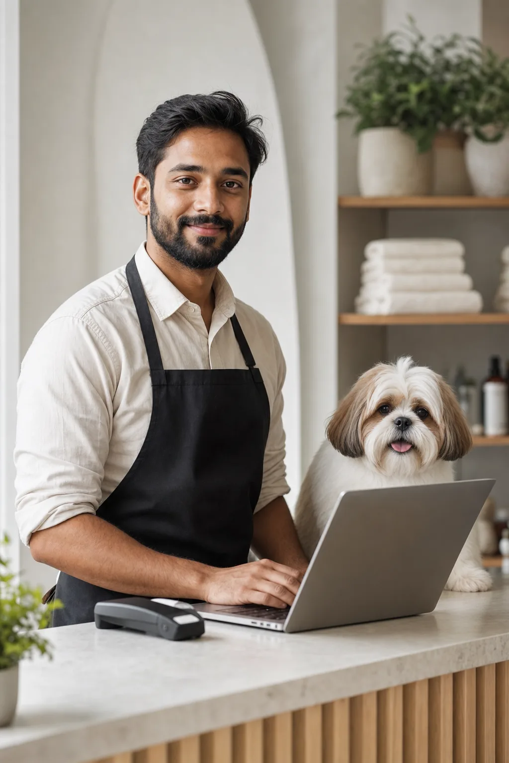 a man in his late 20s of South Asian descent with a short dark beard and tidy hair with a fluffy shih tzu at a modern pet-salon reception counter