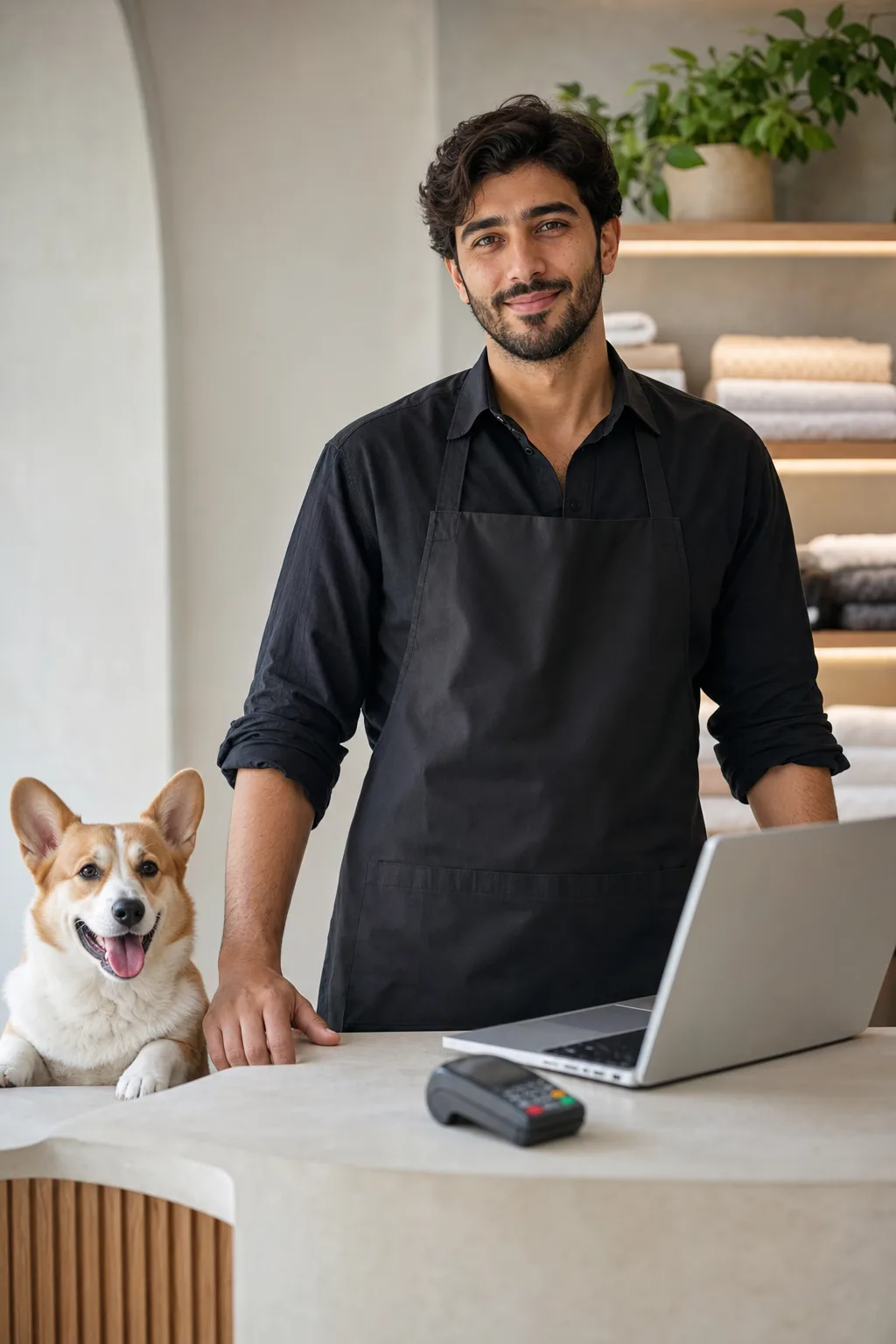 a Middle Eastern man in his late 20s with dark wavy hair with a tan-and-white corgi at a modern pet-salon reception counter