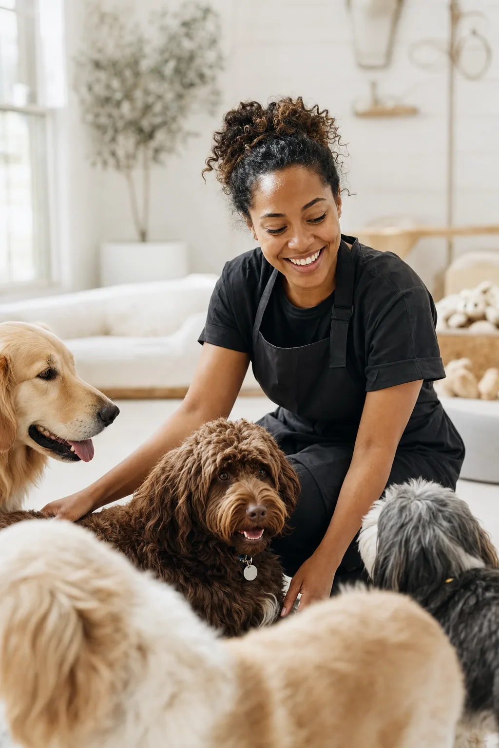 a Black woman in her late 20s with natural curls pulled back with a group of happy dogs including a chocolate-brown cockapoo in a bright pet daycare