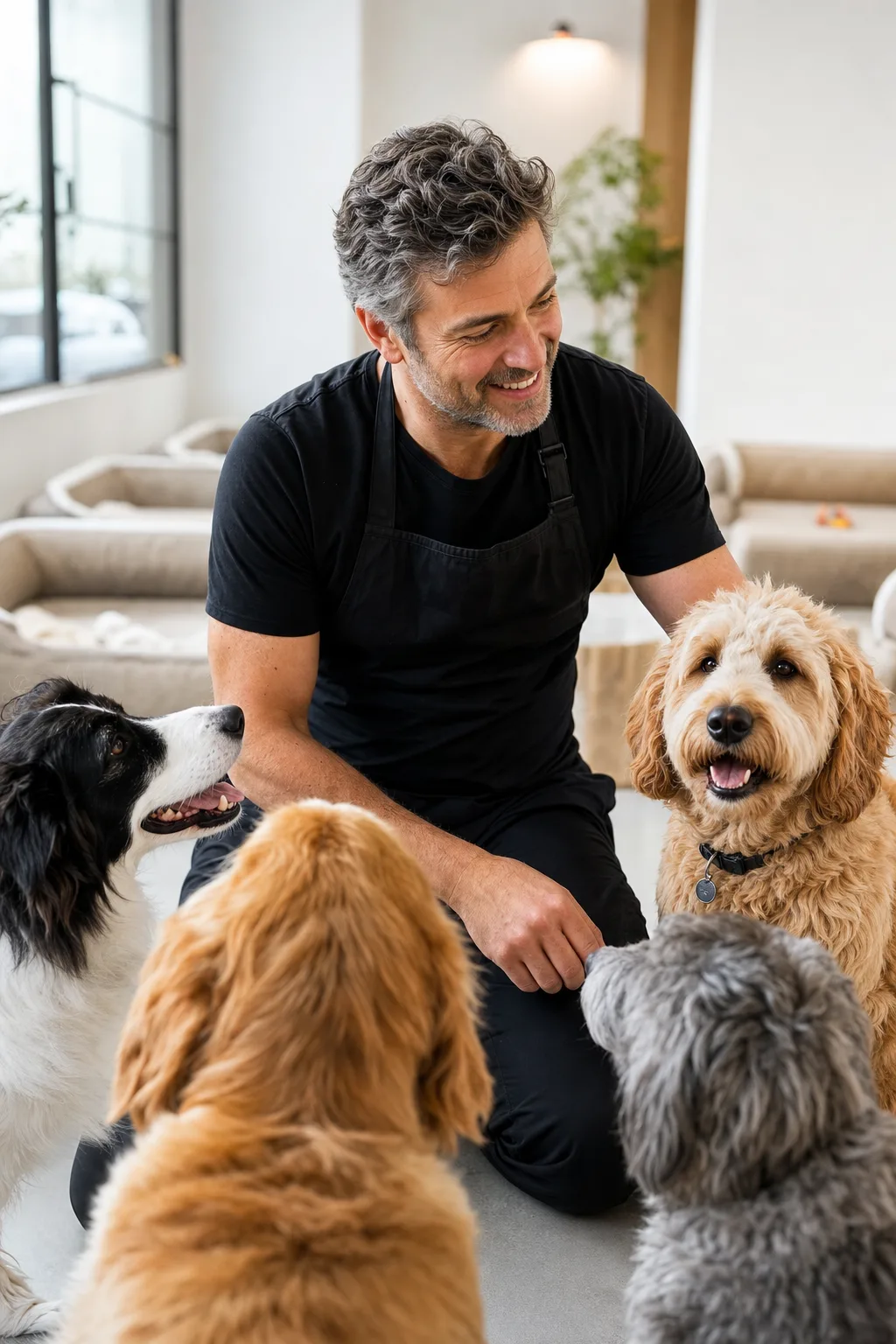 a man in his 40s with salt-and-pepper hair and light stubble with a group of happy dogs including a fluffy apricot goldendoodle in a bright pet daycare