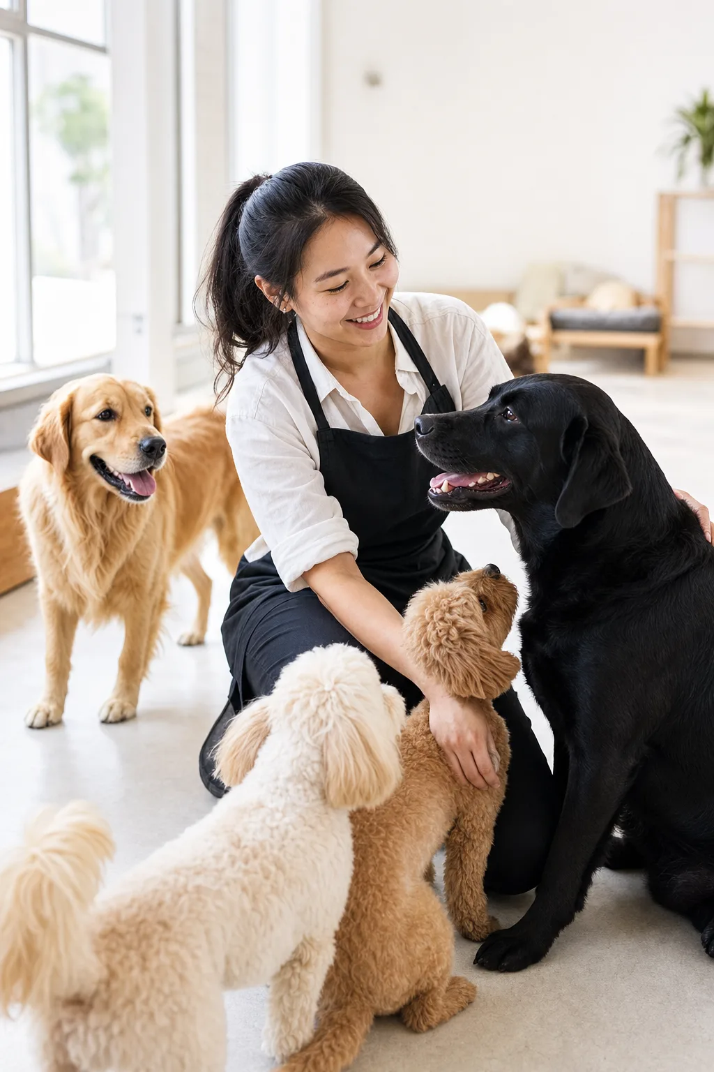 an East Asian woman in her mid-20s with a sleek dark ponytail with a group of happy dogs including a glossy black labrador in a bright pet daycare