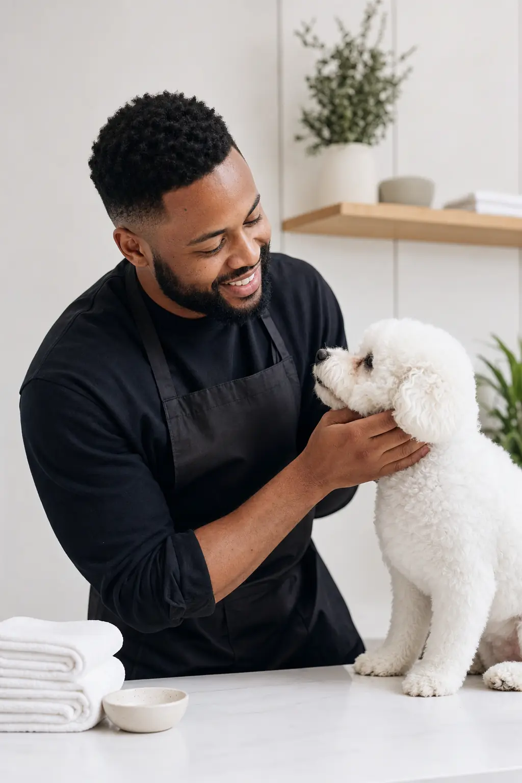 a Black man in his 30s with a short fade and a neat beard grooming a small white bichon frise on a white table in a modern salon