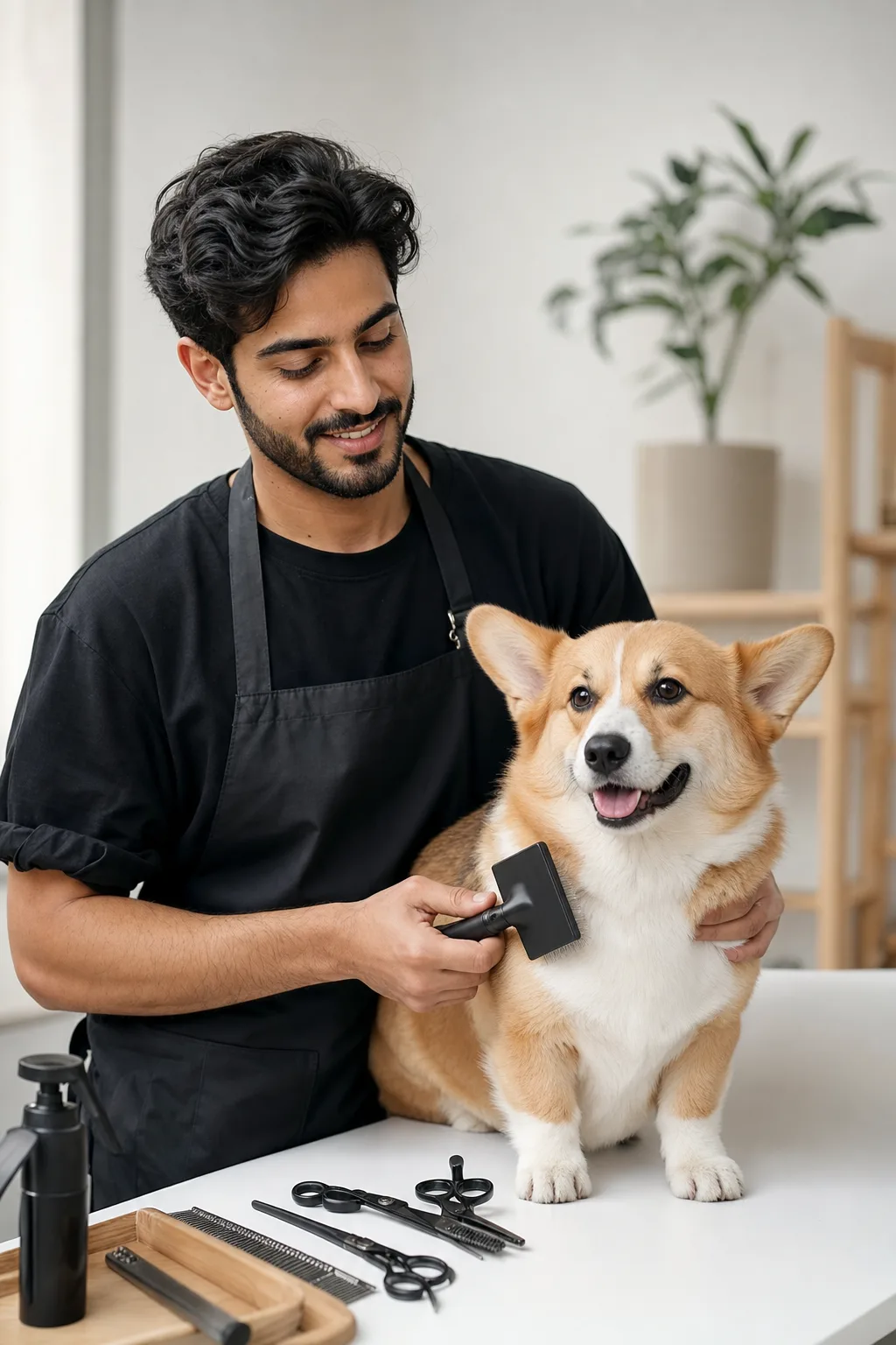 a Middle Eastern man in his late 20s with dark wavy hair grooming a tan-and-white corgi on a white table in a modern salon
