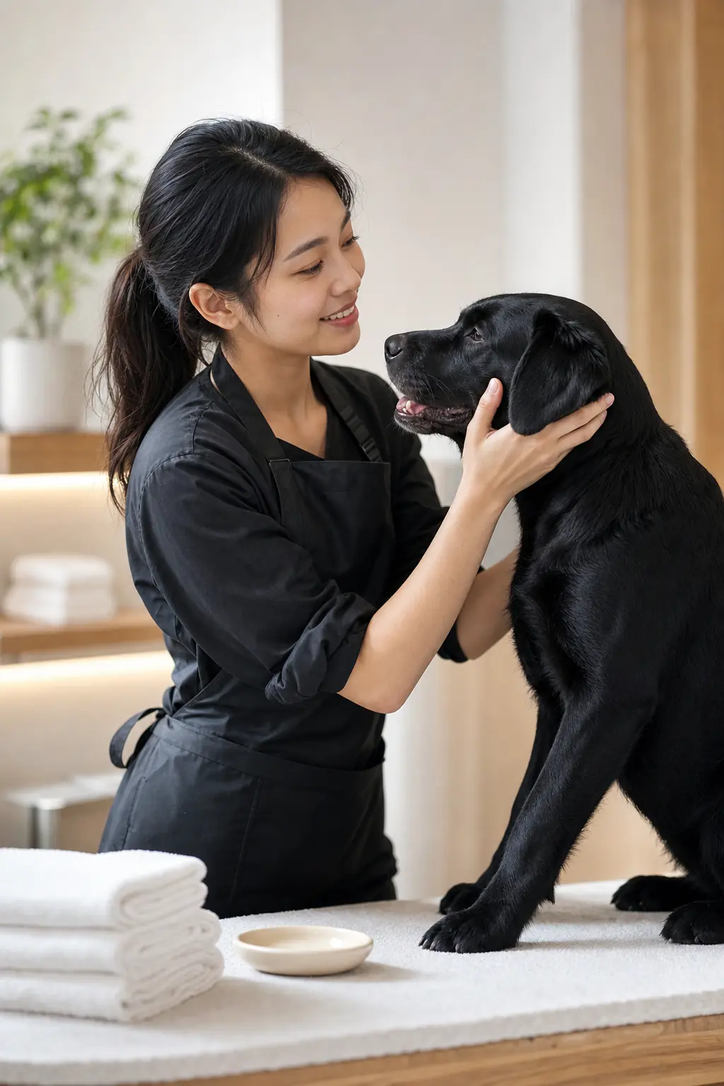 an East Asian woman in her mid-20s with a sleek dark ponytail grooming a glossy black labrador on a white table in a modern salon