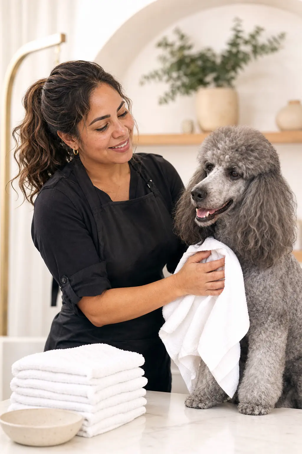 a Latina woman in her 30s with wavy brown hair tied back grooming a standard poodle with a soft gray coat on a white table in a modern salon