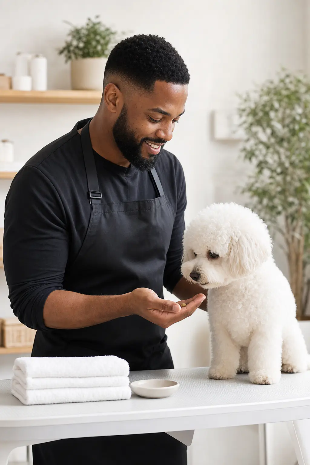 a Black man in his 30s with a short fade and a neat beard grooming a small white bichon frise on a white table in a modern salon