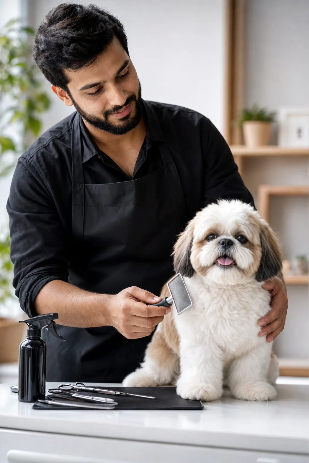 a man in his late 20s of South Asian descent with a short dark beard and tidy hair grooming a fluffy shih tzu on a white table in a modern salon