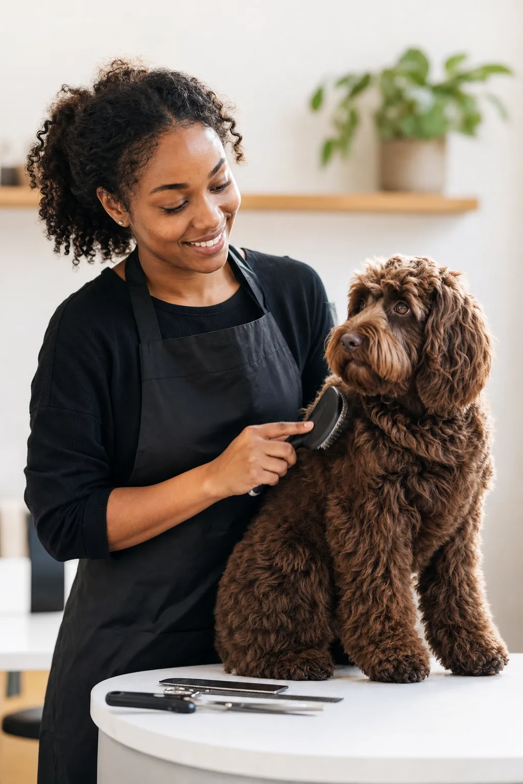 a Black woman in her late 20s with natural curls pulled back grooming a chocolate-brown cockapoo on a white table in a modern salon