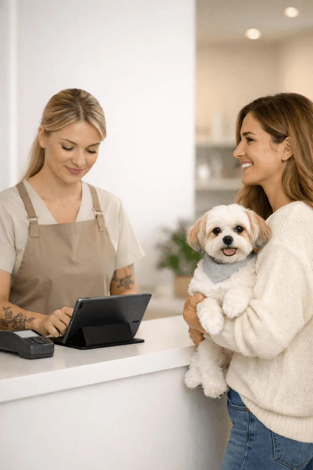 Male pet groomer carefully trimming a small fluffy dog in a modern salon